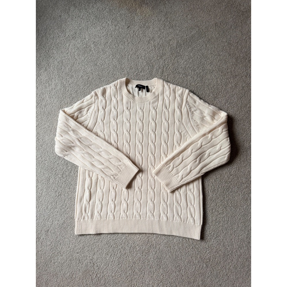 Theory XL Designer Fisherman Cable Knit Sweater Wool Cashmere Cream Crewneck